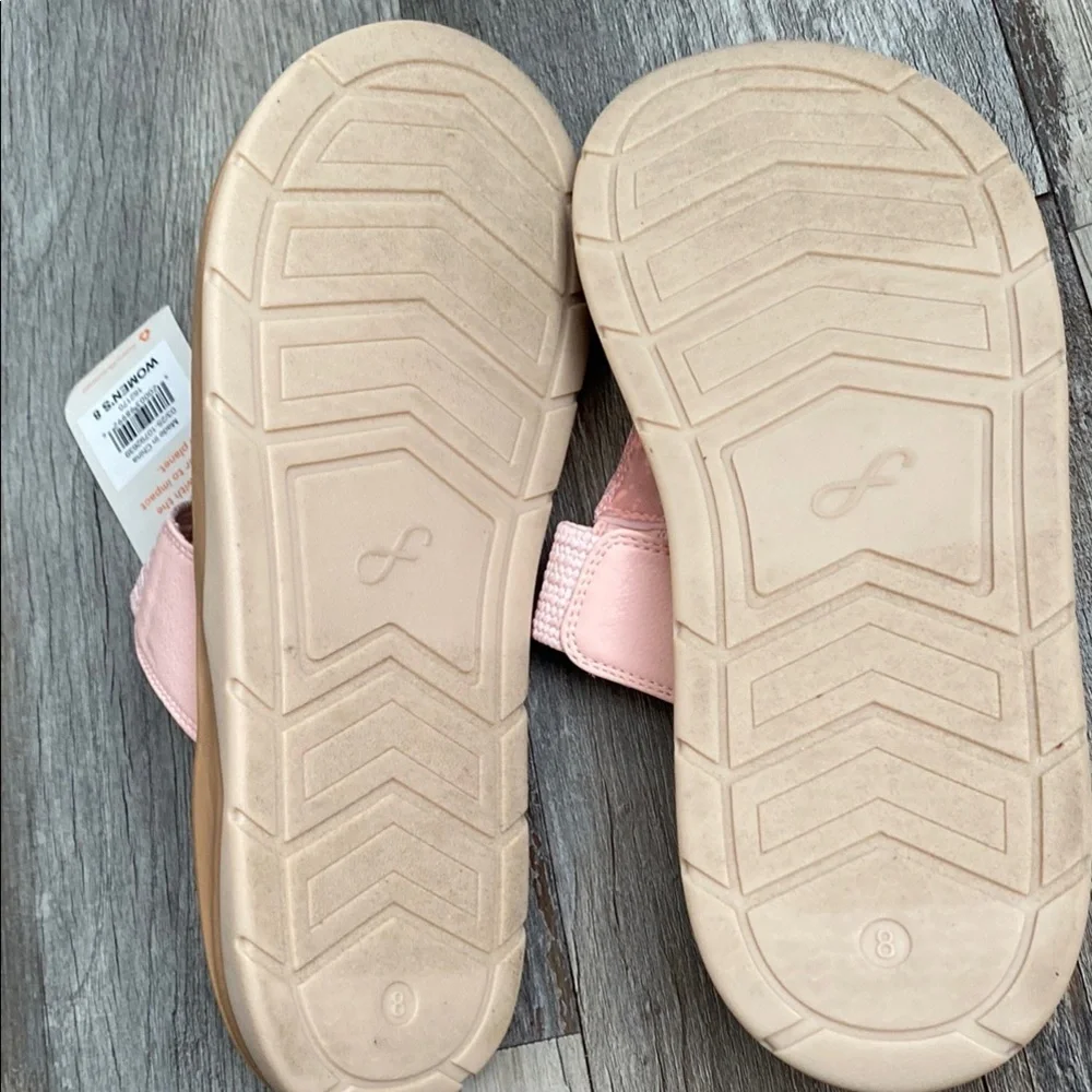 Pink and Tan Flip-Flop Sandals with Quilted T-Strap
